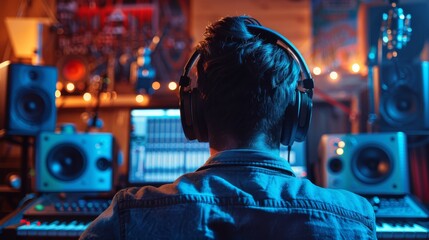 Music producer working in home studio, creative process with audio equipment and software, artistic concept