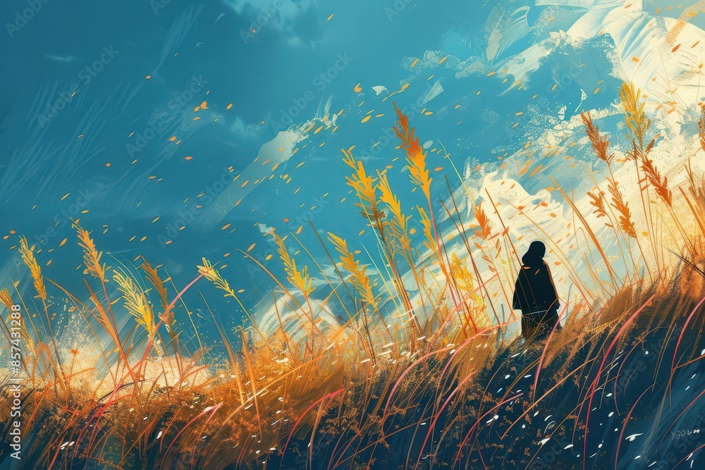 Wall mural person walking through field of tall grass nature illustration