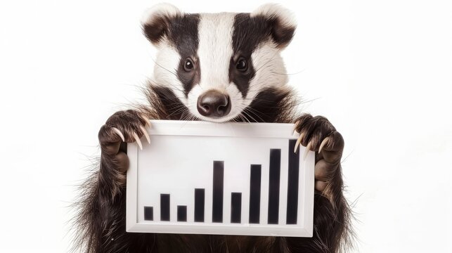 A badger holds a white sign with a rising stock chart board in his paws on a plain white background, concept: stocks, german stock index, 16:9