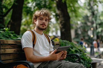 Obraz premium A young man sitting on a bench with a tablet. City park with green spaces. Concept: digital nomad, remote work, work and life balance, freelancing