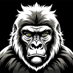 Black and white gorilla face illustration on black background