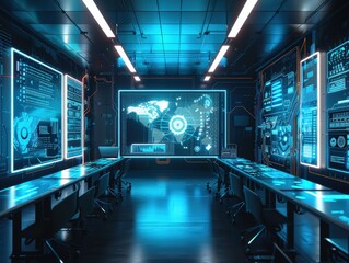 Futuristic control room with multiple digital displays, interactive screens, and advanced technology. Perfect for cyber security and data analysis visuals.
