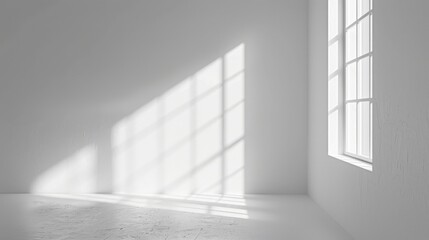 Obraz premium A bright, sunlit room with a large window casting a shadow on the white wall and floor.
