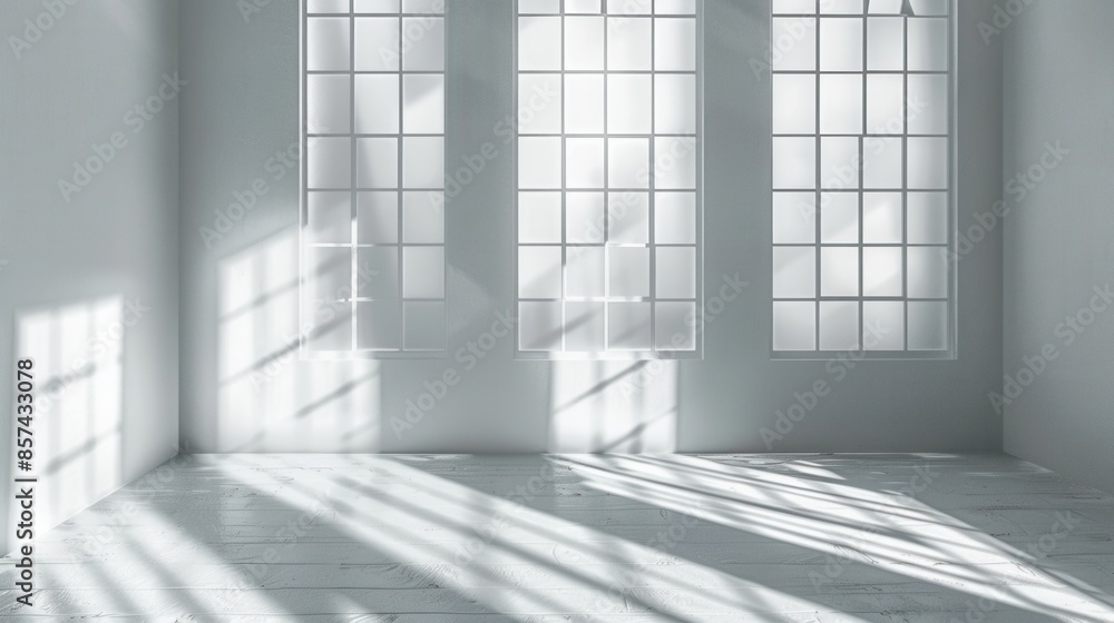 Poster sunlight streams through three large windows in a white room, casting shadows on the floor.