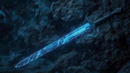 Glowing sword on dark rough rock backgrounds, game scene or fantasy scene of adventure, power, treasure finding, Halloween, dungeon, secret weapon.