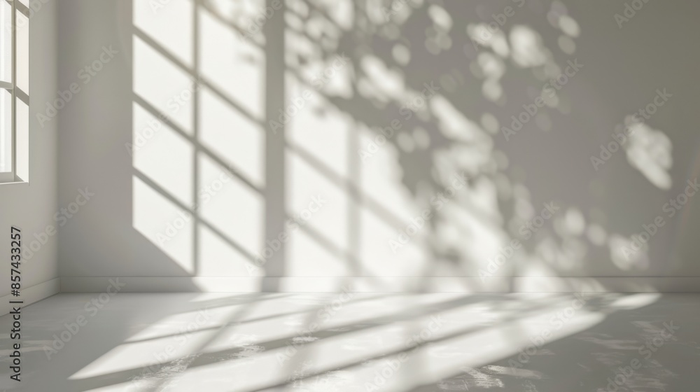 Poster sunlight casts a pattern of light and shadow on a white wall and floor, creating a minimalist and se