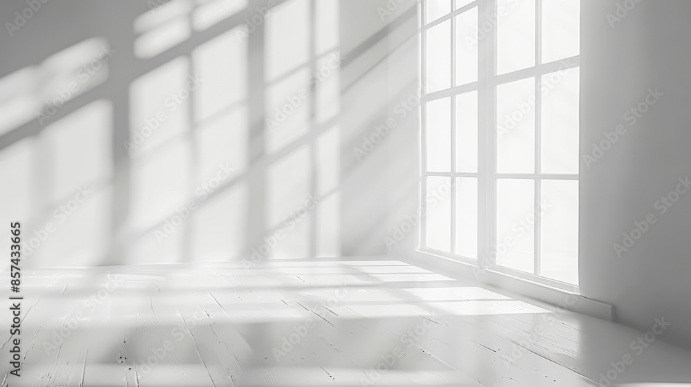 Poster sunlight streams through a large window casting shadows on a white floor and wall.