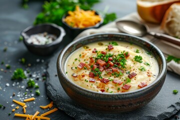 Potato soup with bacon and cheddar cheese in bowl on stone background Healthy dinner option