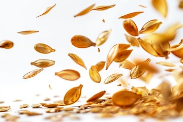 Pumpkin seeds falling on white background in focus