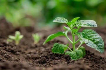 Young plant with fresh green leaves, sprouting in fertile soil, symbolizing new beginnings and growth