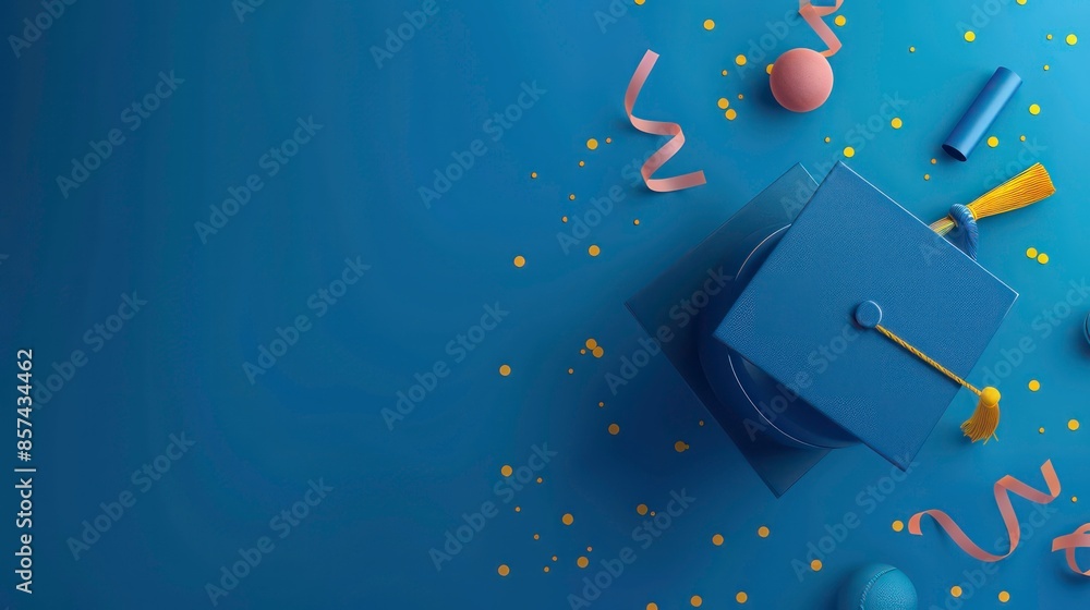 Wall mural Graduation cap and diploma web banner, graduation mortar hat and degree on blue panoramic background with copy space.Generative AI - Wall murals