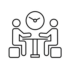 Business meeting outline icon. Two businessmen figures sitting at the desk with clock between them. 