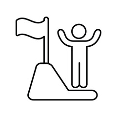 Victory concept. Male figure on hill with flag with raised hands. Leader competition icon, leadership success, man with flag achieved victory, line symbol on white background, editable stroke vector.