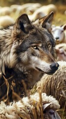 Fototapeta premium Wolf among flock of sheep in meadow, wildlife and predator concept