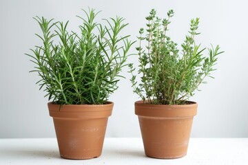 Rosemary and oregano plants in pots on a white surface