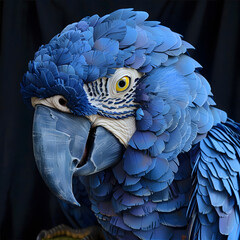 Fototapeta premium Image of a blue macaw with yellow eyes,white face on a black background