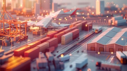 Obraz premium A miniature depiction of a bustling industrial city with a focus on shipping containers and a low-poly style.