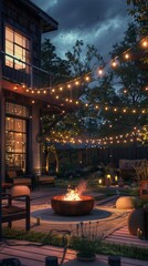 Fototapeta premium Cozy outdoor patio with fire pit and string lights at dusk, tranquil backyard retreat concept