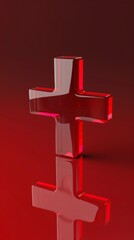 Obraz premium Red glass cross on a reflective red background, minimalistic design concept