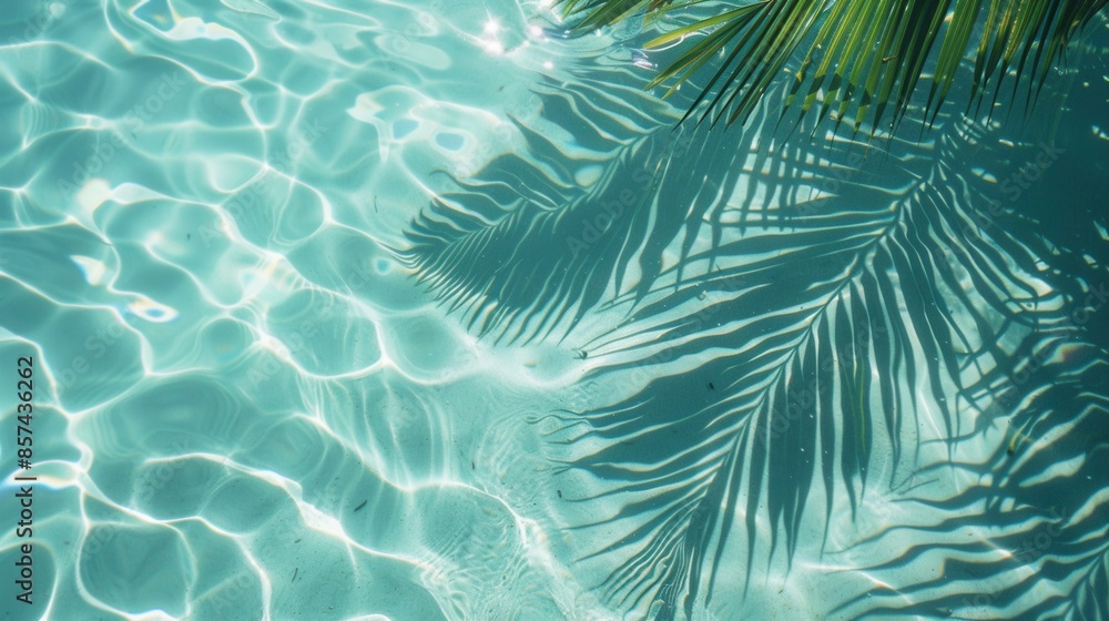 Poster a vibrant turquoise pool with shimmering ripples and a palm tree shadow dancing across the surface.