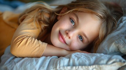 Fototapeta premium A young child with blonde hair lies sleeping peacefully on a comfortable pillow, showcasing the tenderness and tranquility of childhood moments captured in a serene setting.