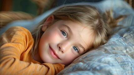 A blonde-haired child is seen napping quietly in a cozy bed setting, emphasizing the serene and peaceful atmosphere that embodies the innocence and calmness of childhood rest.