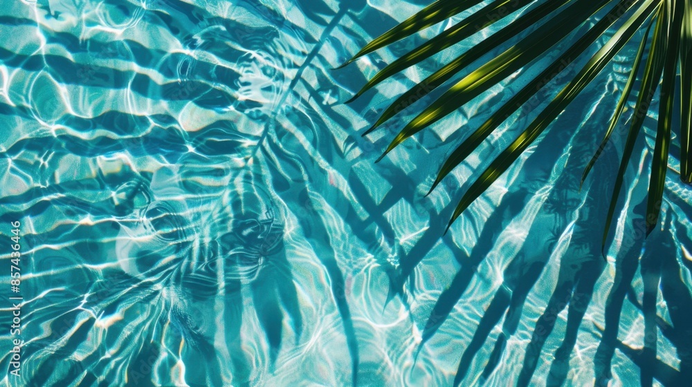 Poster a palm leaf casts a shadow on the surface of a turquoise pool, creating a patterned effect with the 