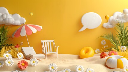 Summer sale podium display, pile of sand, flowers, beach umbrella, beach chair and beach ball, speech bubble space banner design, on yellow background