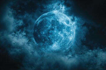 A bright blue full moon shines through cloudy skies, perfect for astronomy or nature-themed projects