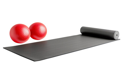Black mat with two rubber red fitness balls on a transparent background. PNG image.