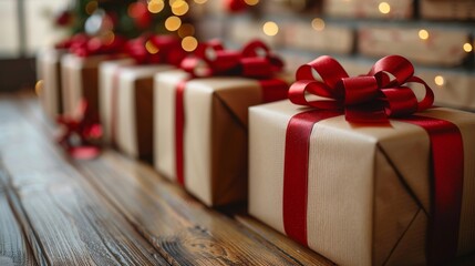 Close-up of beautifully wrapped gifts with red ribbons on festive background. Holiday celebration and present concept