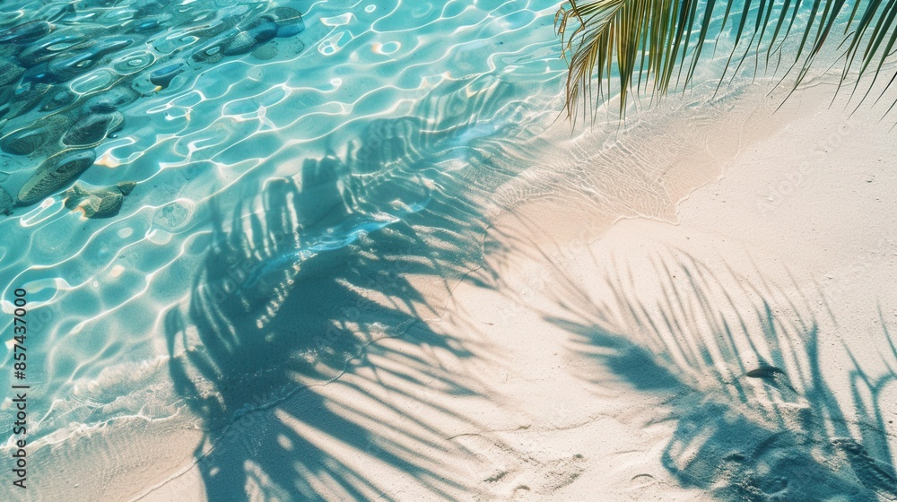 Poster a serene view of a palm tree shadow cast on a pristine beach with clear turquoise water.