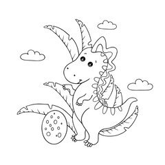 Line sketch, doodle character of a small dinosaur with tropical leaves, clouds. Vector graphics.
