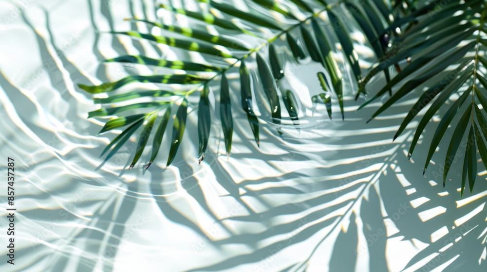 Poster a close-up view of a palm leaf casting shadows on rippling water, creating a serene and natural scen