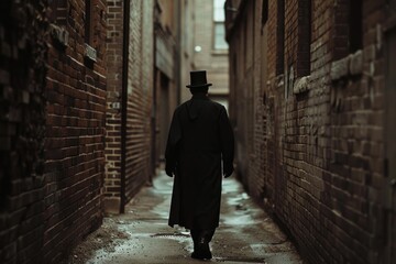 A gentleman strolling down a narrow passageway, dressed in formal attire