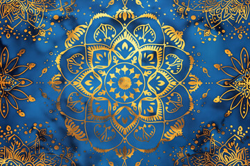 Golden color flower mandala drawn on a blue background.