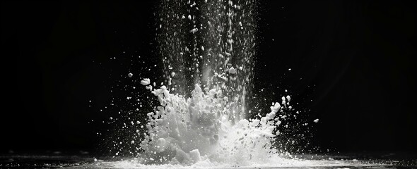A dramatic splash of white powder captured against a black background. The suspended particles and dynamic motion convey a sense of energy and movement.