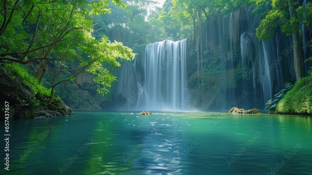 Sticker Serene Waterfall in Lush Jungle