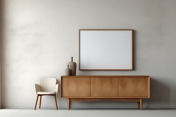 A minimalist interior featuring a wooden cabinet dresser against a light concrete wall. The cabinet is adorned with two ceramic vases. Beside it sits a white chair with wooden legs