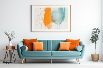 Modern Living Room, Teal Curved Sofa, Orange Pillows, White Wall, Poster, Scandinavian Interior Design