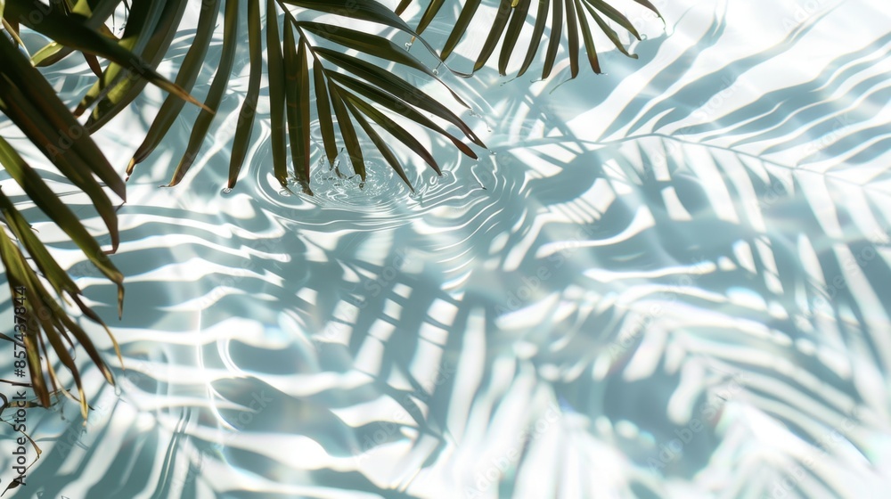 Poster a palm leaf casts its shadow on the surface of rippling water, creating an abstract pattern of light