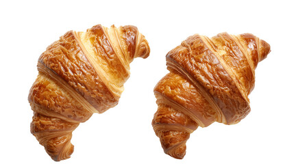 Top view of two croissants lying next to each other as a separate object on a transparent background. PNG Image.