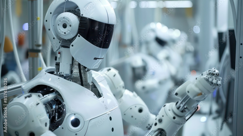 Poster humanoid robot check and control automatic arms machine with augmented reality in real time by intel