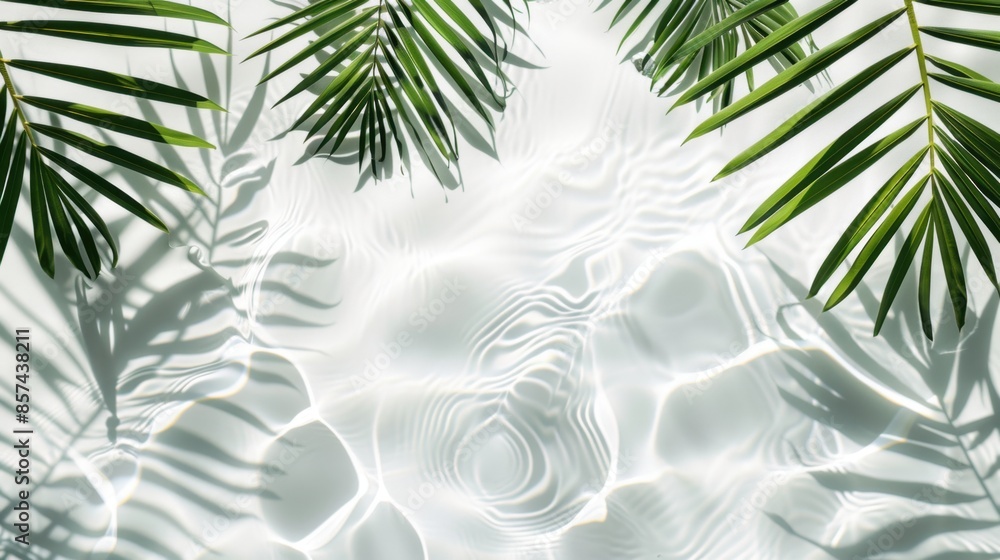 Poster green palm leaves rest on a surface of white water, creating abstract patterns with shadows and ripp