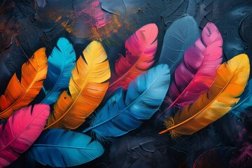 Vibrant Colorful Feathers on Dark Textured Background