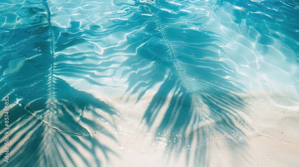 Poster the shadow of palm leaves dances on the surface of a clear blue pool, creating a mesmerizing abstrac