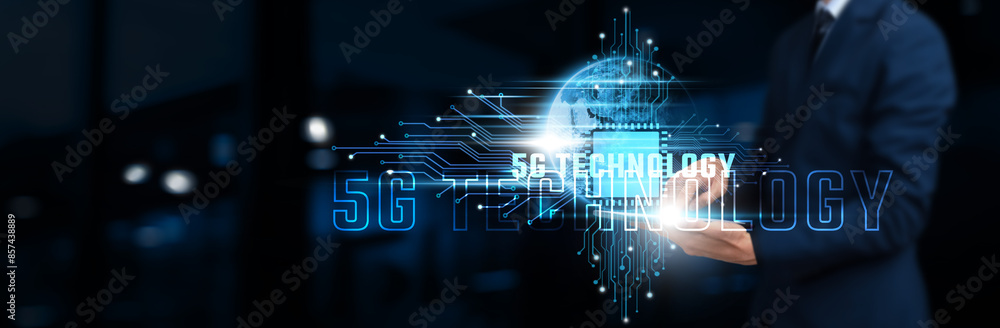 Poster 5g technology: businessman using tablet on network structure, harnessing speed and connectivity on g