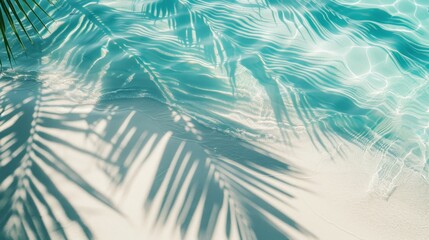 Obraz premium A photograph of a tropical scene with turquoise water and the shadow of palm leaves on the sand.
