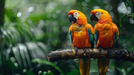 Long Shots , Tropical birds sitting on a tree branch in the rainforest