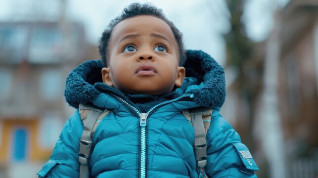 A young boy is seen looking up while carrying a backpack, suggesting he may be on an adventure or on his way to school